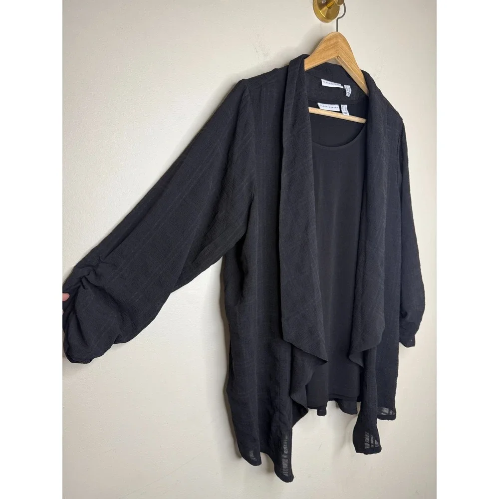 Susan Graver Regular Textured Woven Cardigan & Knit Tank Set Black, L #15- - Picture 3 of 6